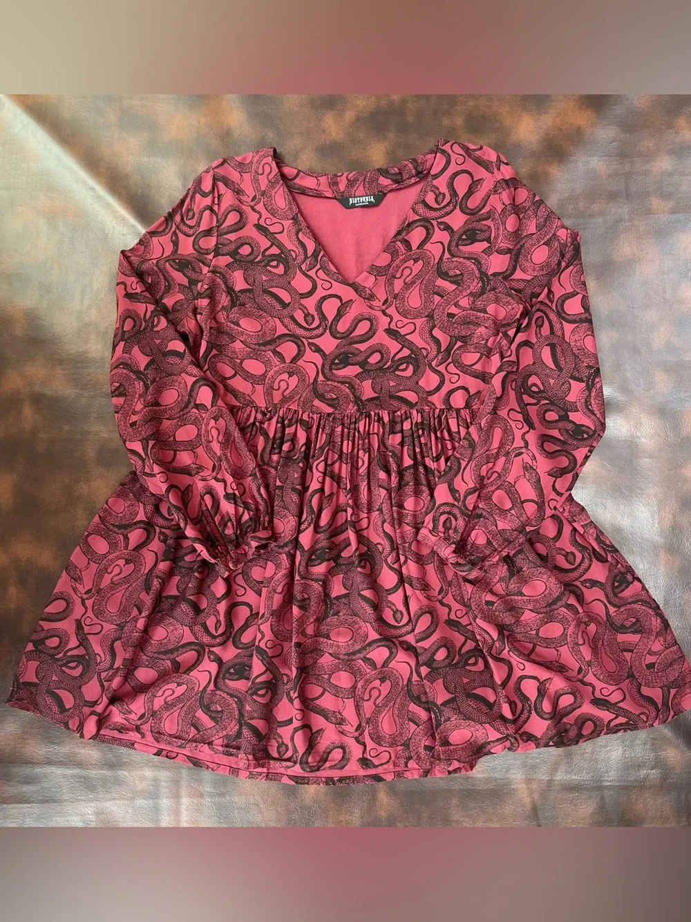 Disturbia Ophidia Snake Print Mini Dress EUC Burg/Blk Pull Over Long Sleeve 10